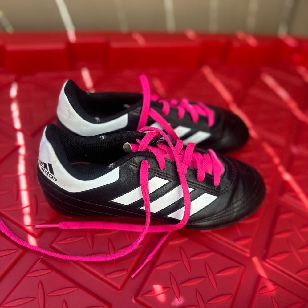 Adidas Black and White kids soccer shoes with Pink Laces